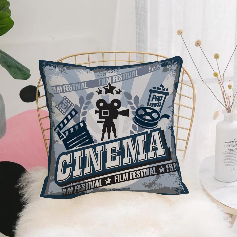 Hyosxw Movie Theme, Retro Movie P Design With Camer - A5 Cushion Cover,Throw Pillow Case Home Decorative For Living Room Bedroom Sofa Chair 18X18 Inch,Movie Theme, Retro Movie P Design With Camera, Clapper Board And Popcorn, Iconi,Pillowcase 45X45cm