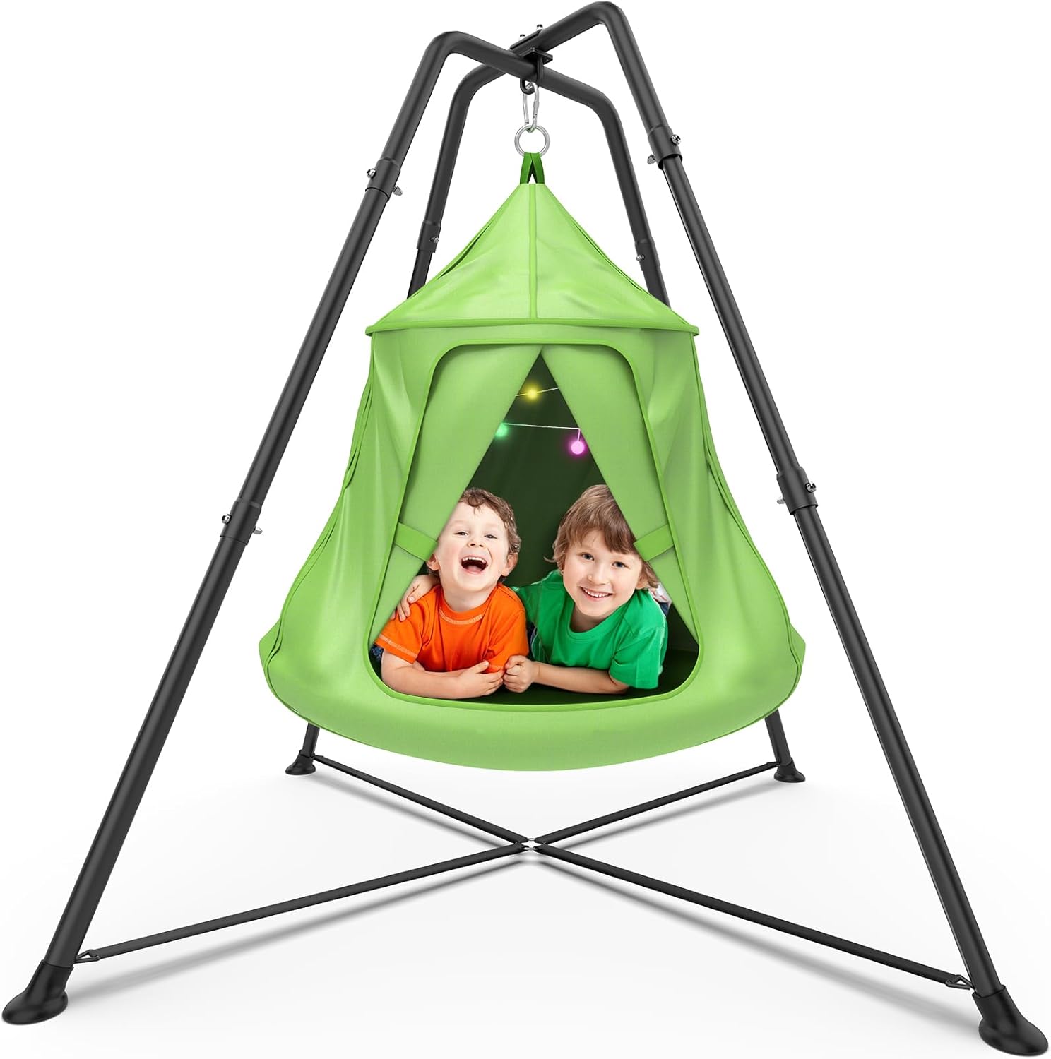 X-Shaped Swing Set, Swing Stand Frame with Tent Swing Chair/Sensory Swing, Hammock Chair with Stand for Kids and Adults, 330 lbs Capacity, w/Rainbow Lights String (Green)