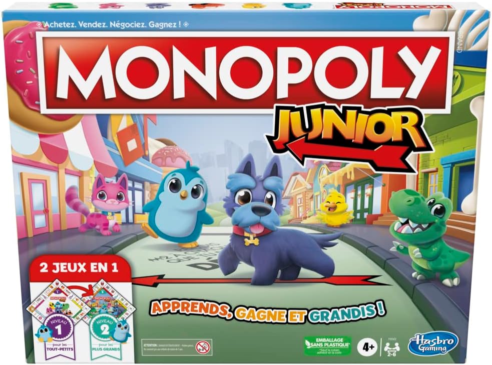 Hasbro Gaming Monopoly Junior Board Game, 2-Sided Game Board, 2 Games in 1, Monopoly Game for Younger Kids, Children's Games, Youth Games (French Version)