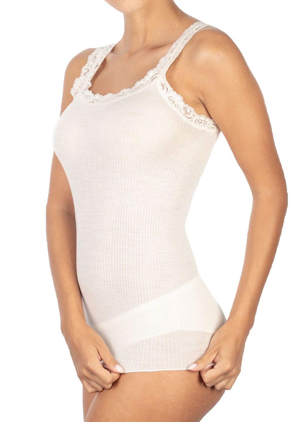 Canotta Donna Spallina con Bordo in Pizzo Lana 85% e Seta 15% a Costine