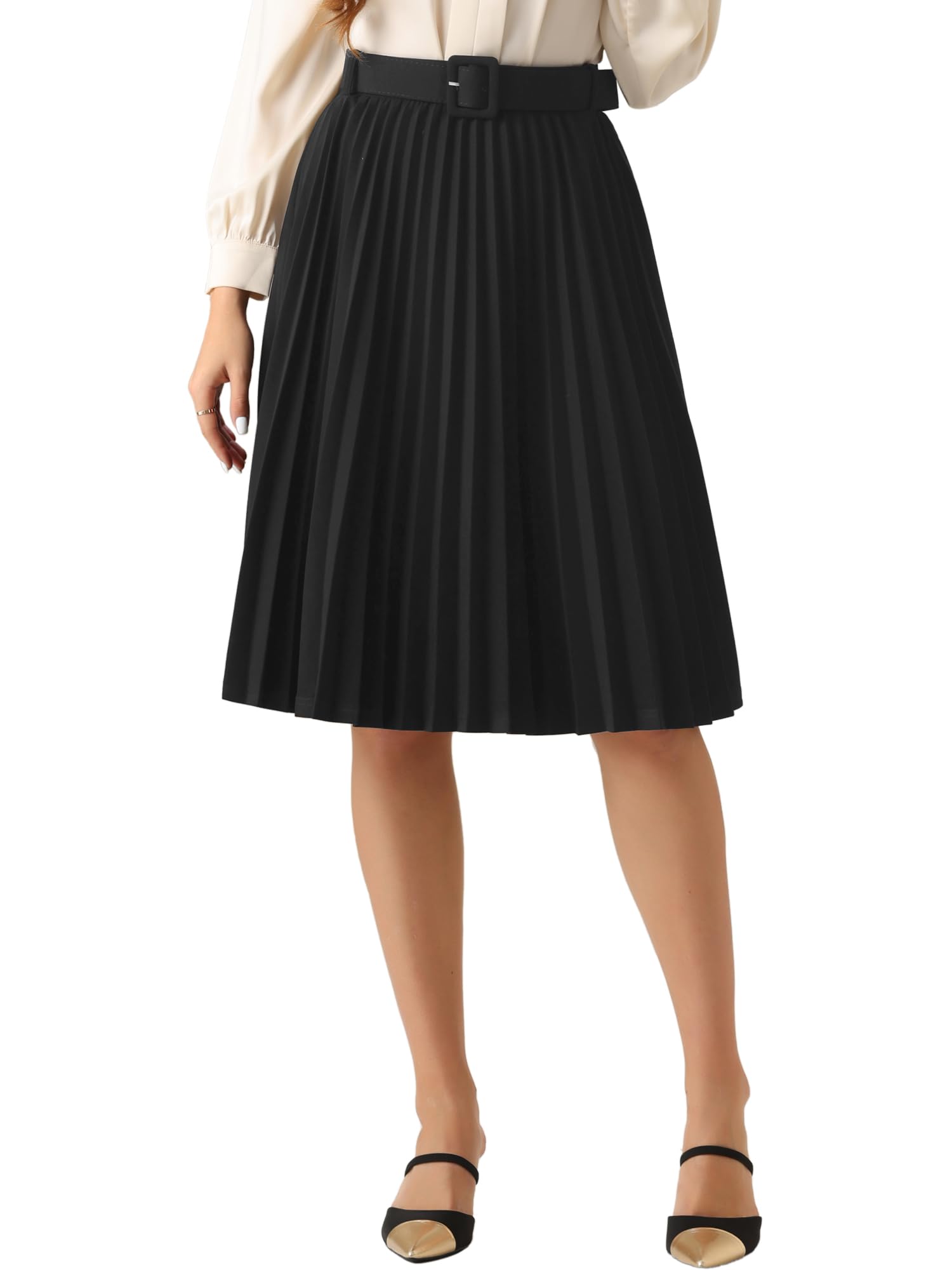 Allegra K Womens Pleated Skirt Elastic High Waist Belt Casual A-Line Midi Skirts