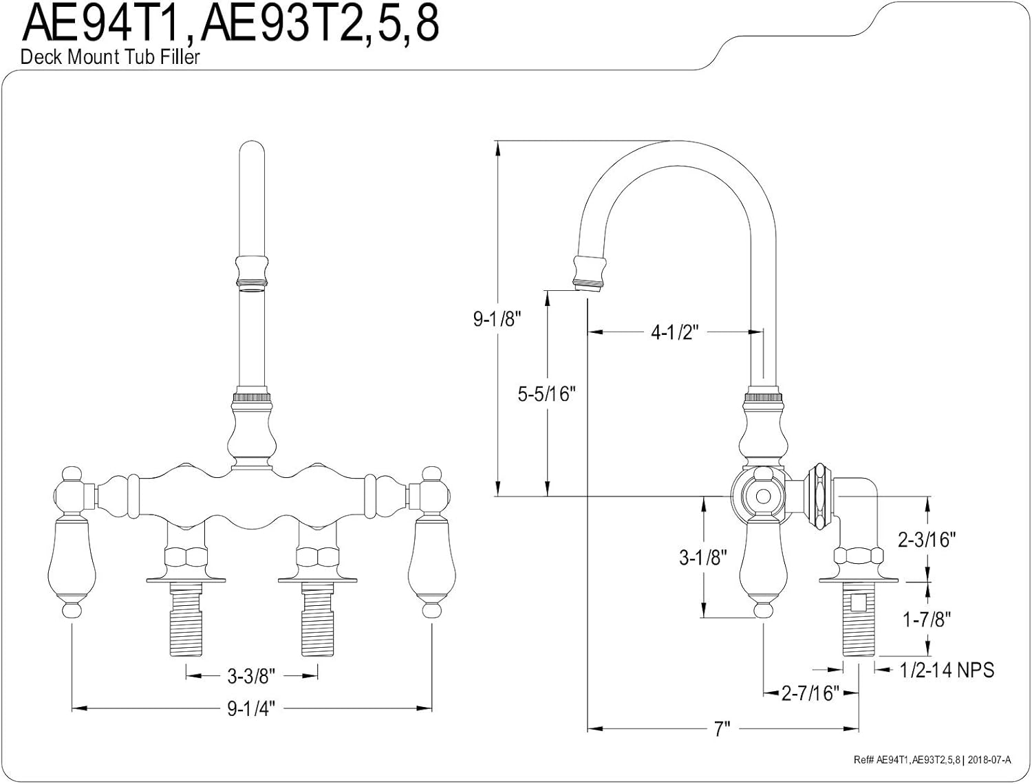 Kingston Brass AE94T1 Auqa Vintage 3-3/8-Inch Deck Mount Tub Faucet, Polished Chrome