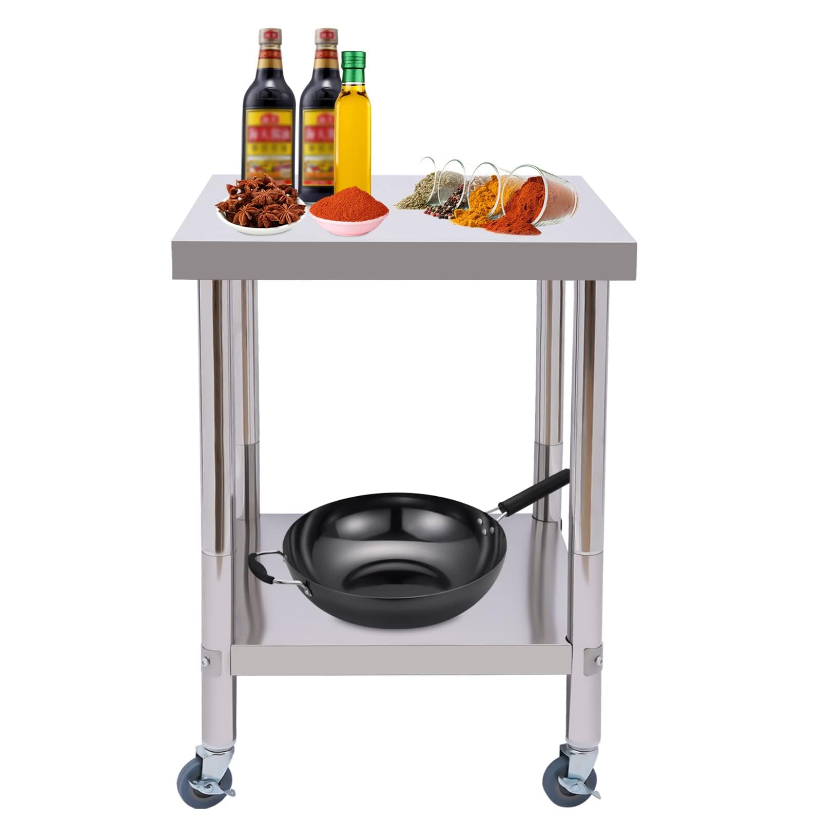 Mesa de trabajo de 2 niveles, 60 x 60 cm, de acero inoxidable, con ruedas, mesa de trabajo, cocina, cocina, bar, restaurante