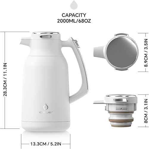 Miniatura 5 de IDEUS Jarra térmica de café de acero inoxidable de 68 onzas y dispensador de bebidas Airpot de 74 onzas