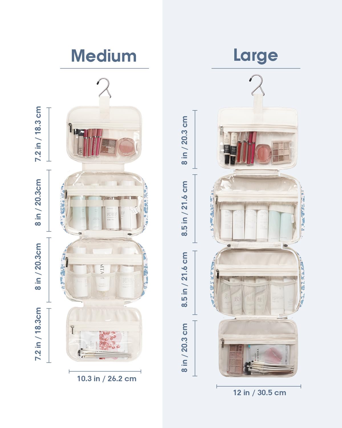 Narwey Large Hanging Travel Toiletry Bag for Women Wash Bag Cosmetics Makeup Bag Organizer for Full Size Accessories (Little Blue Flower (Large)) — view 5