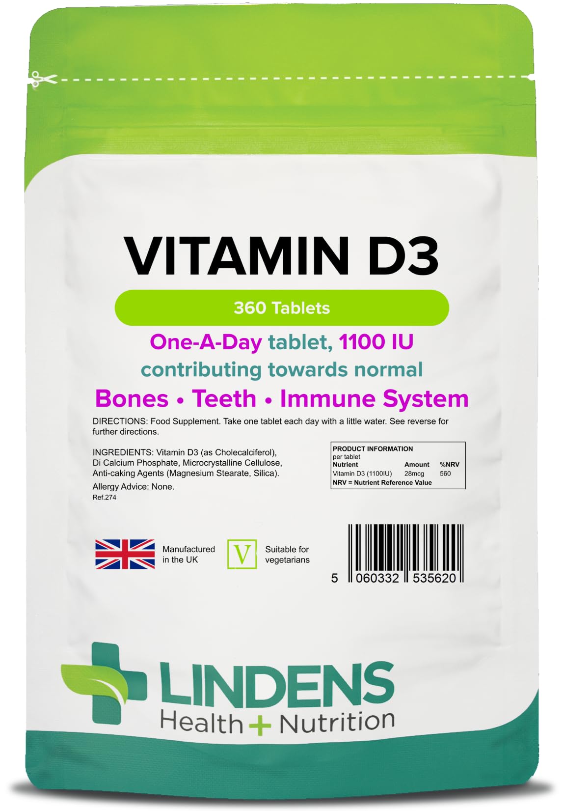 Vitamin D3 1100IU - 360 Tablets - Immune System, Bones, Teeth, UK Manufacturer Immune Support | (4 Months Supply) | Suitable for Vegetarians | Letterbox Friendly