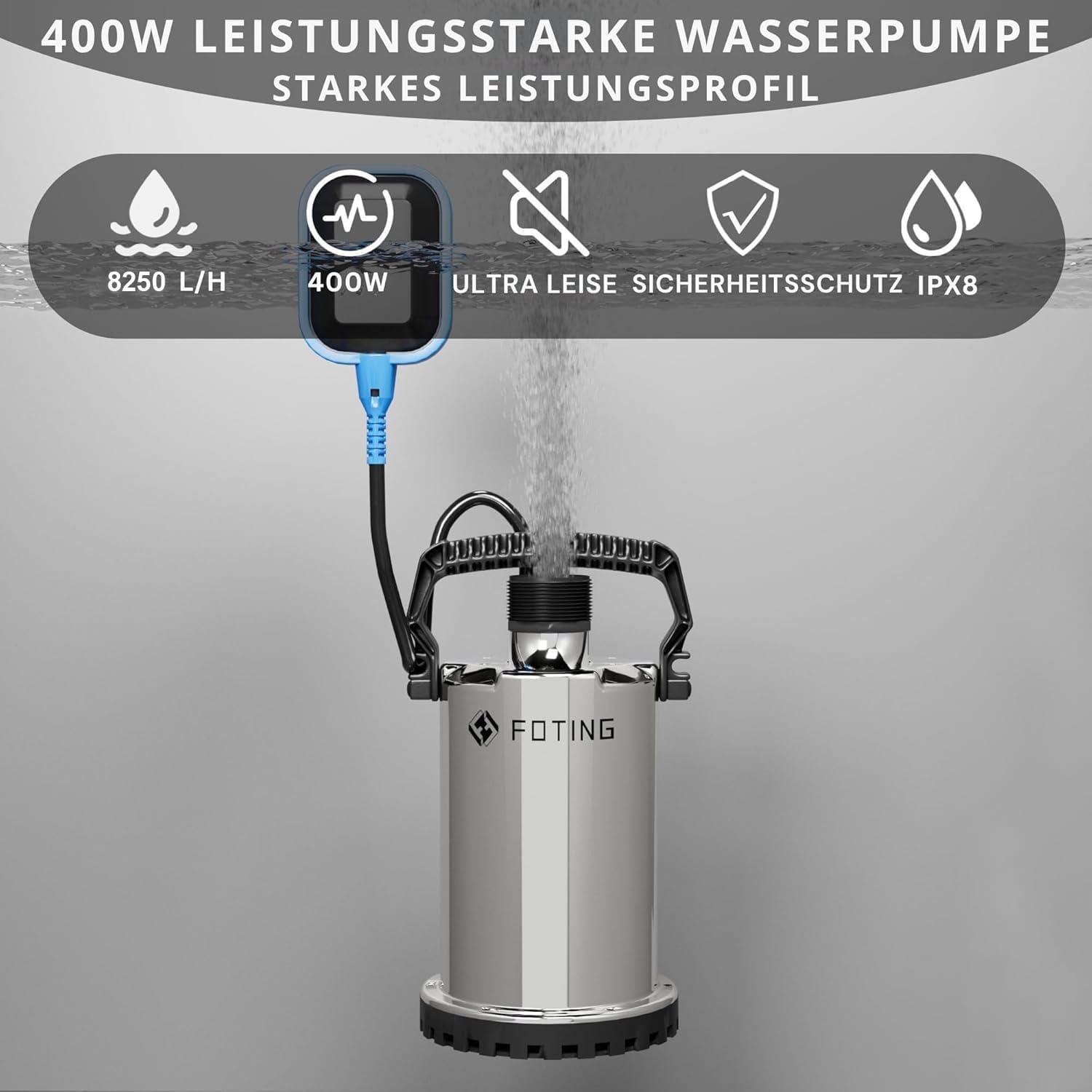 FOTING Edelstahl Tauchpumpe 400W 8250 l/h, Förderhöhe max 6.5m, Eintauchtiefe max 7m, Noryllaufrad, 10m Anschlusskabel, einstellbarer Schwimmerschalter, Portable Sump for Pool Draining