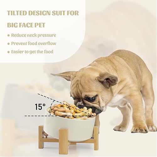 Miniatura 2 de SPUNKYJUNKY Cuenco de cerámica inclinado en 15 para perros y gatos con soporte de madera, cuenco inclinado para comida y agua para bulldog,