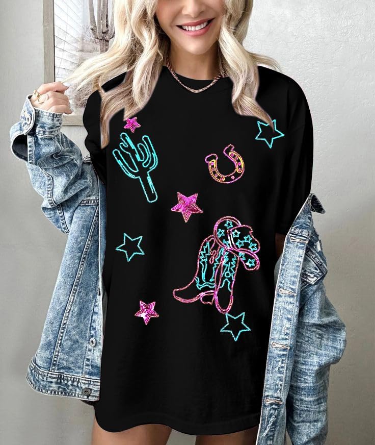 Boho Western Cowgirl Shirts for Women: Sequin Western Rodeo Graphic Tee Oversized Country Music Short Sleeve Top - Image 2