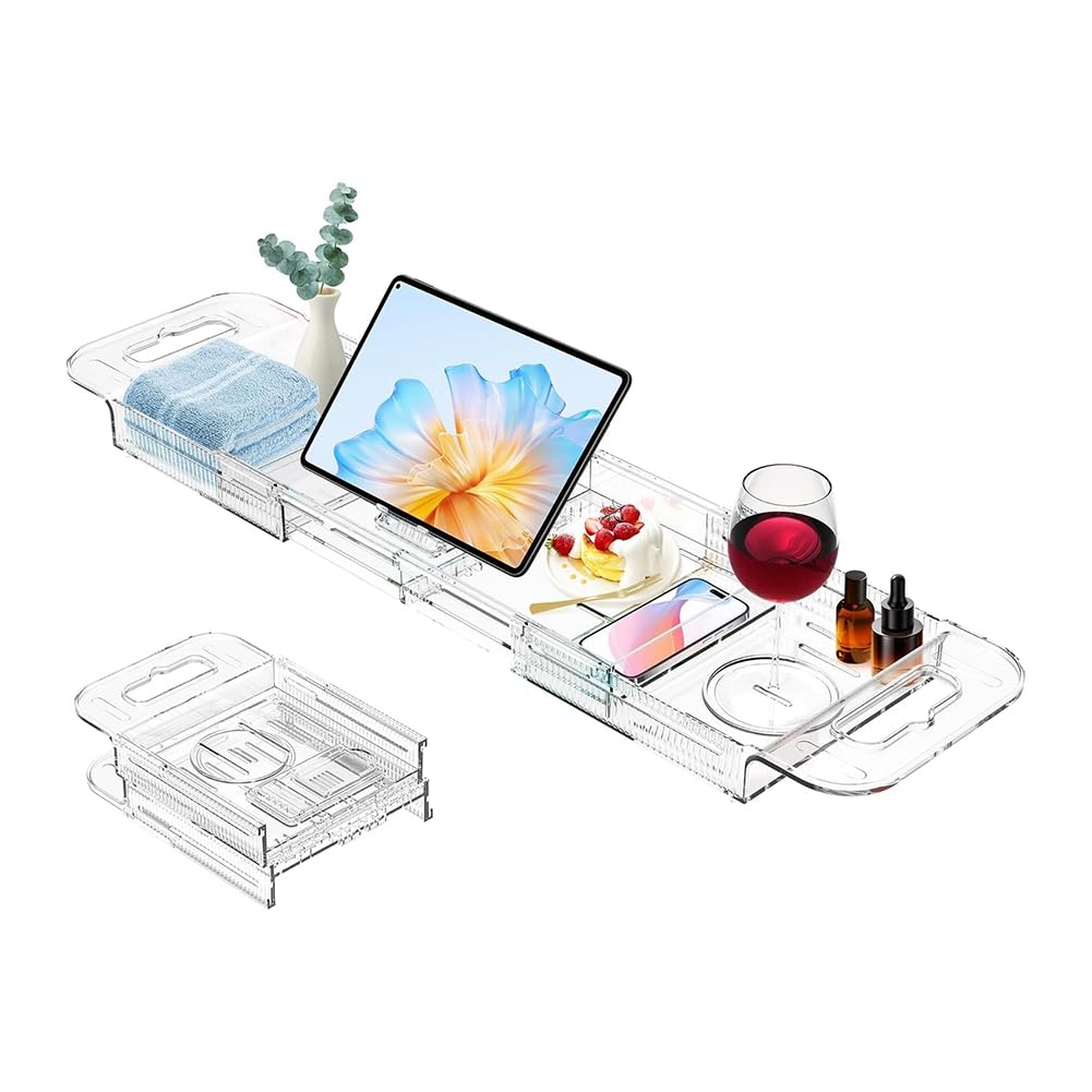 UDSKNV[KSL Multifunctional Acrylic Bathtub Tray Drain Bath Tray Expandable for Tub, Bathroom Organizer,Imple Bathtub Table