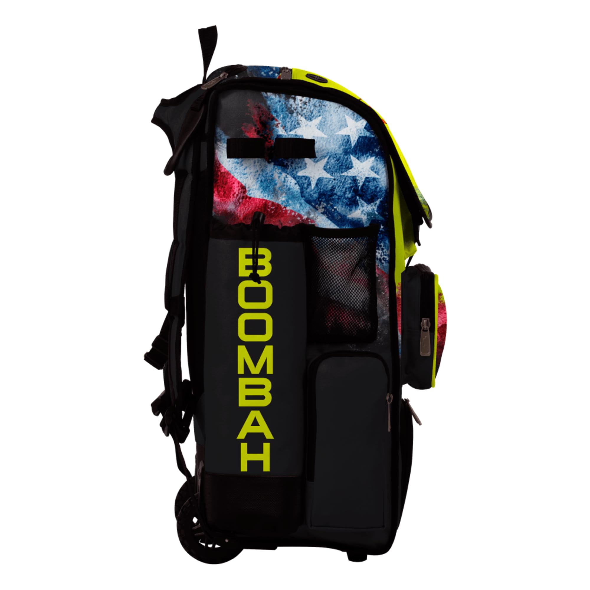 Boombah Superpack Hybrid Rolling Bat Bag - Wheeled & Backpack Version - USA Softball Vintage Black/Red/Optic Yellow