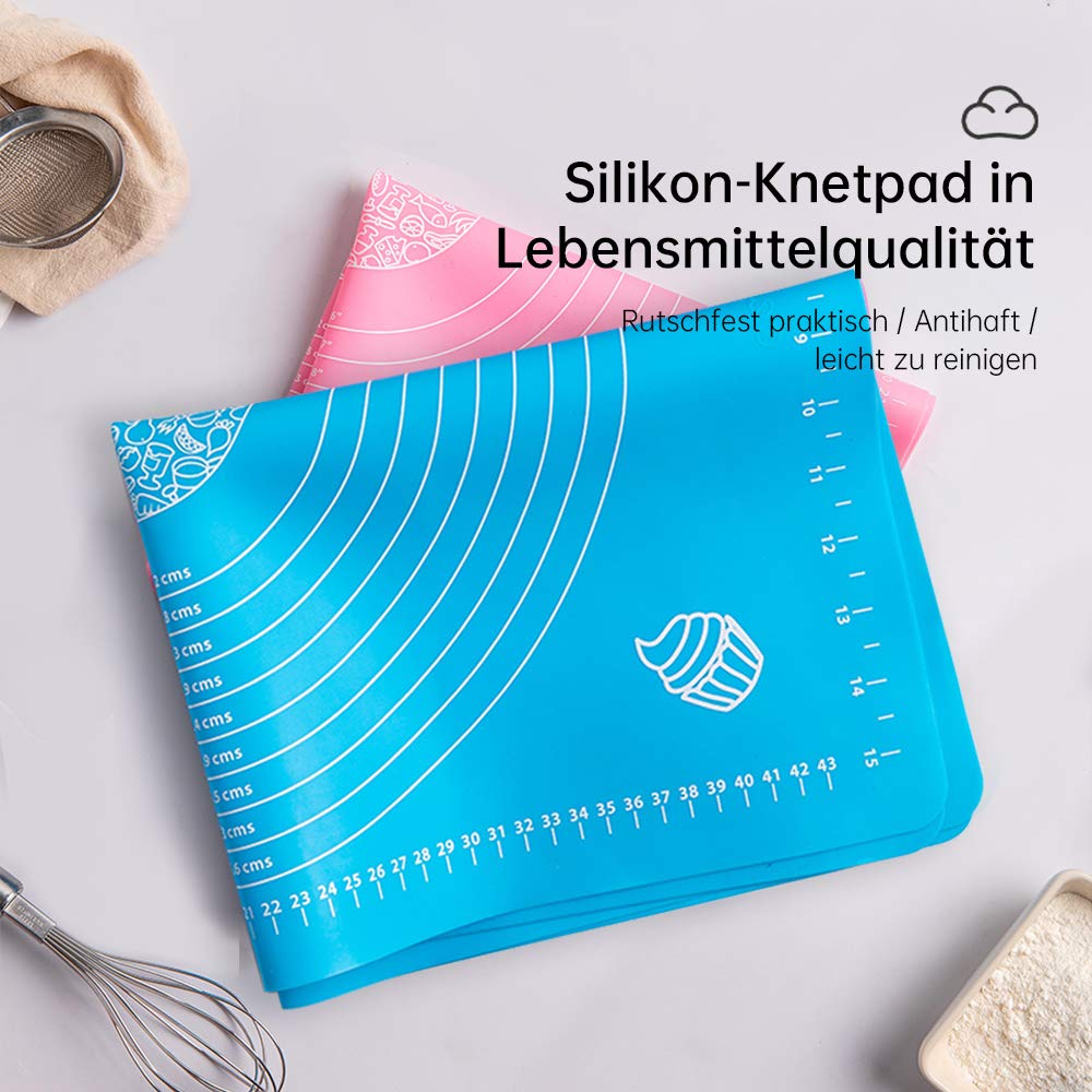 LandJoy Silikonowe maty do pieczenia, 2 szt., duże, antypoślizgowe, mata robocza z pomiarem, do masy cukrowej, wypieków, ze łopatką do ciasta, kartą do ciasta i pędzlem do pieczenia (niebieskie, 70 x