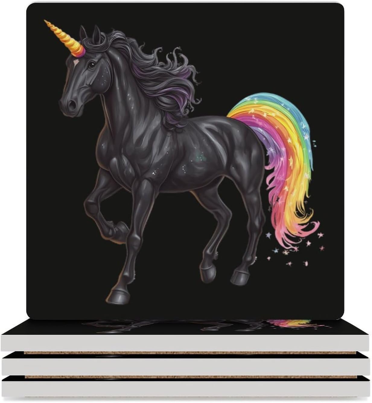 Horse with Rainbow Tail Funny Ceramic Coasters for Drinks Absorbent Cup Holder Tabletop Protector with Cork Base