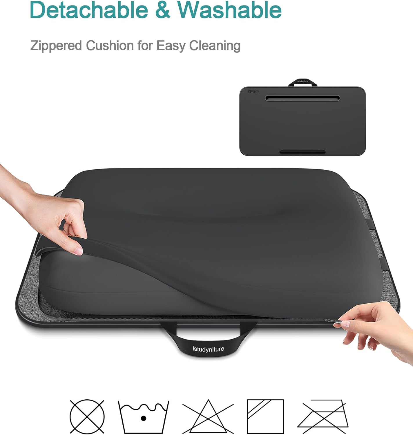lap desk, portable laptop stand with washable cushion, fits up to 17 inch laptop, with device ledge and phone holder, use on bed,couch, sofa, floor, home office– istudyniture (large, black) black large: 21.8x12.1 in