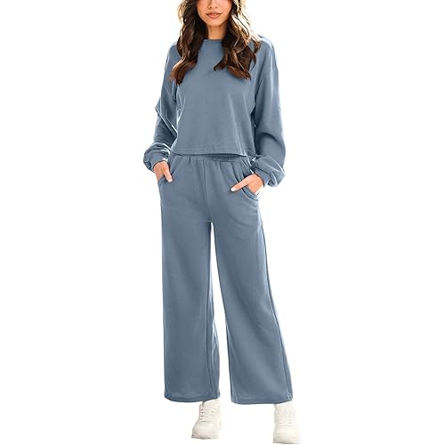 ANRABESS Women’s Two Piece Outfits Long Sleeve Crop Top Wide Leg Sweat Pants Knit Sweatsuit Fall Lounge Matching Clothes Set