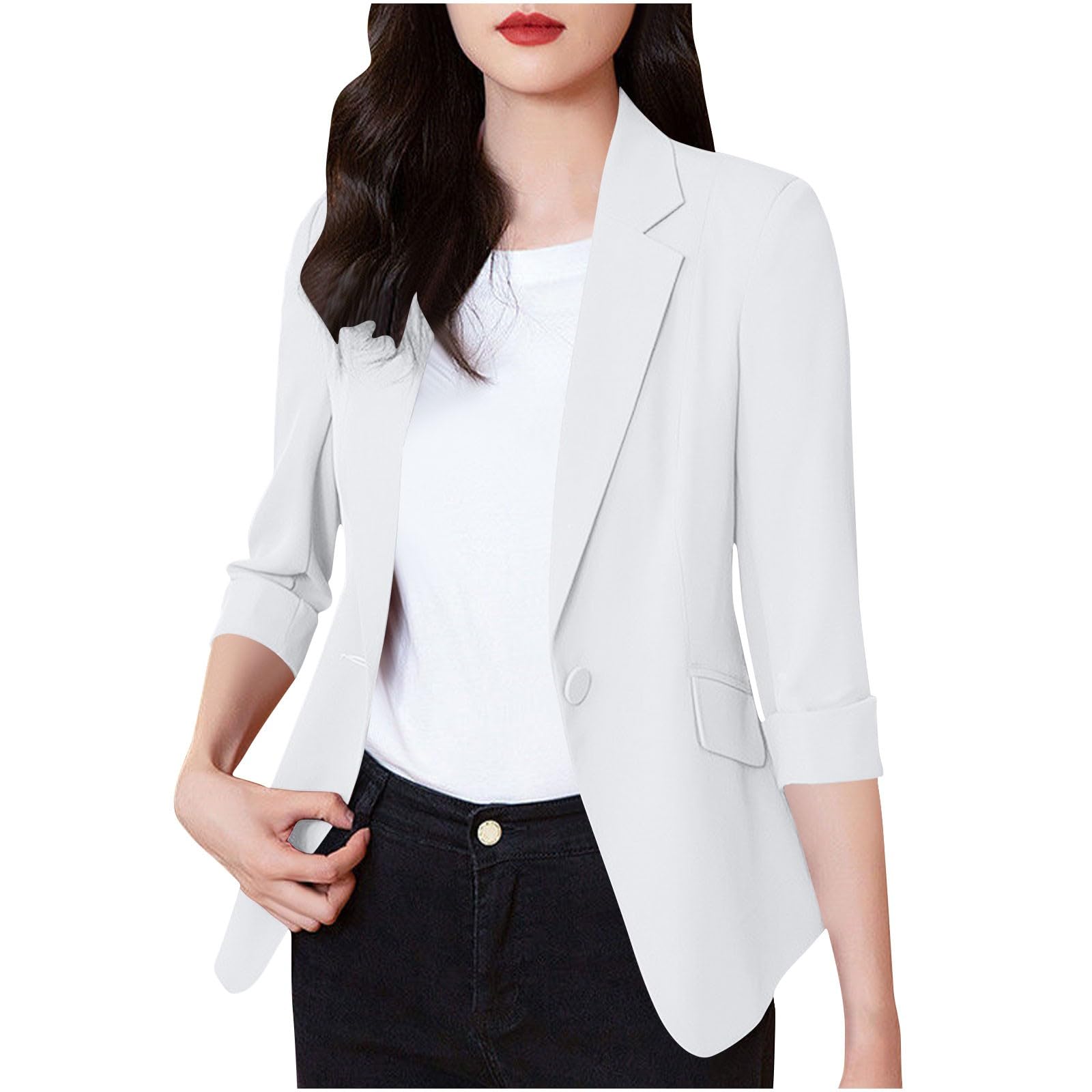 Notch Lapel Blazers for Women Plus Size Suit Jackets Single Breasted 3 4 Length Sleeve Jacket Dressy Blazer
