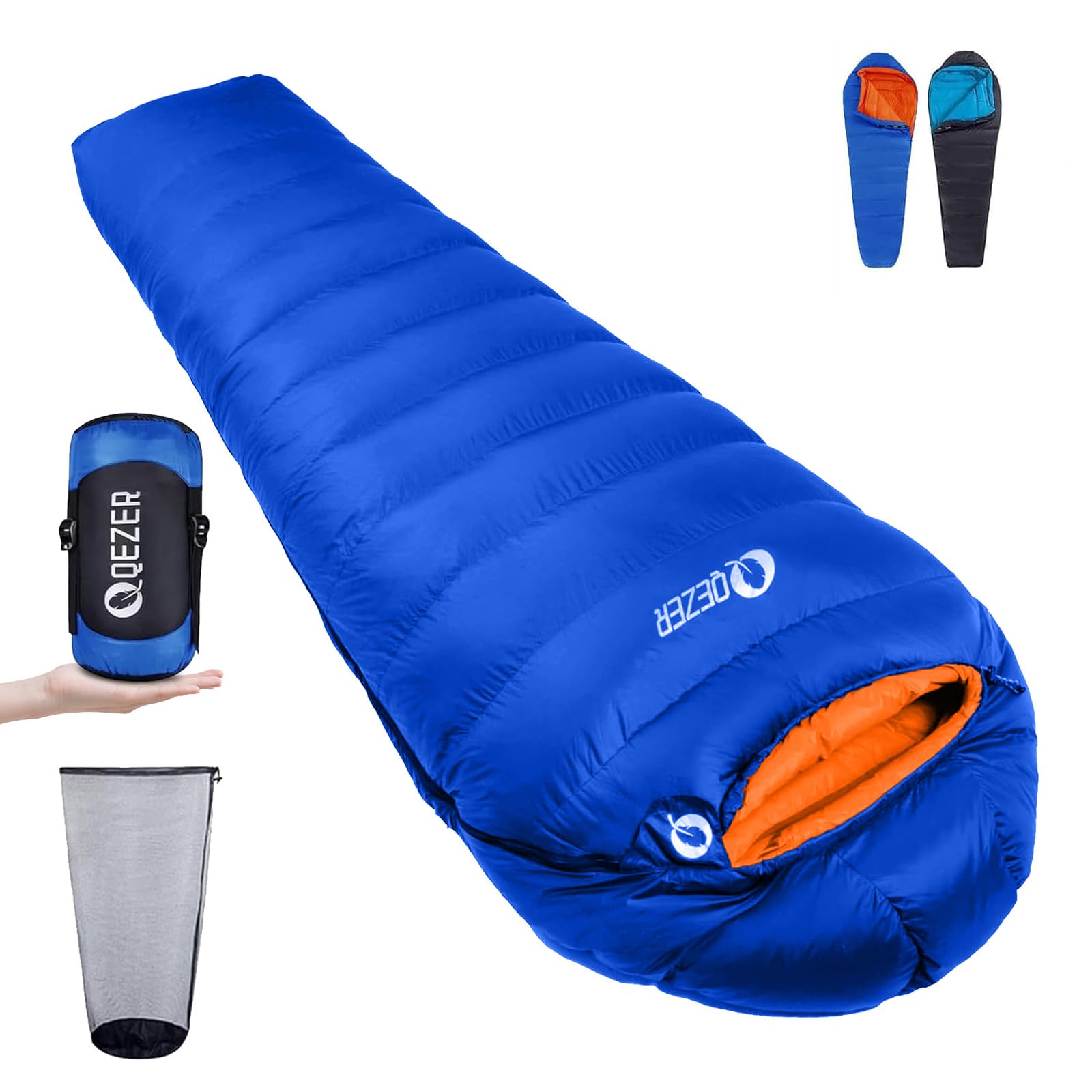 QEZER Down Sleeping Bag 4 Season, Lightweight Winter Sleeping Bag 0 Degree to -12 Degree for Adults and Kid Camping, Hiking and Backpacking Outdoor Filled 600+FP Down (sapphire1500)