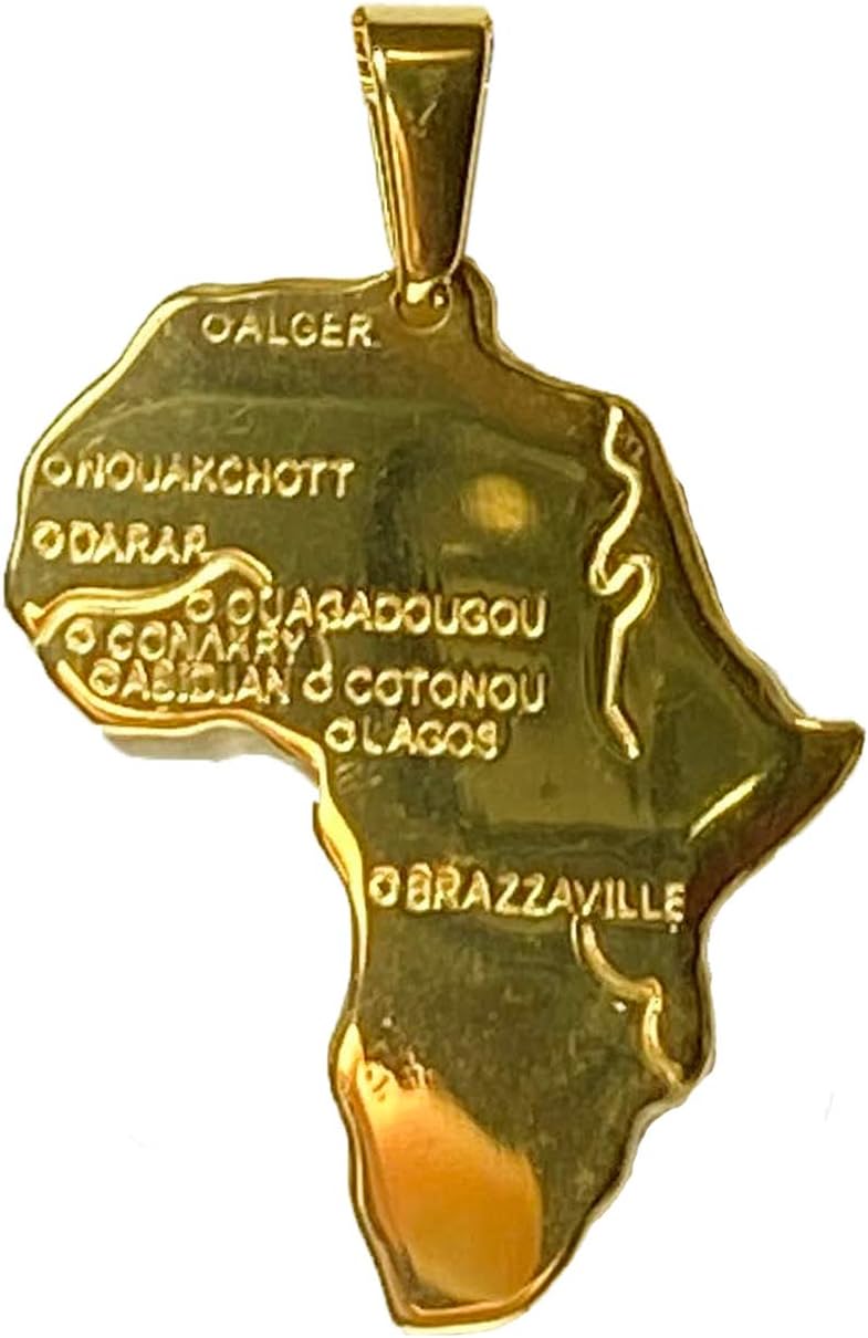 African Map Pendant Necklace – 14k Gold Finish Stainless Steel Rope Chain (2.5mm), Vintage Punk Retro Africa Map Jewelry for Men & Women