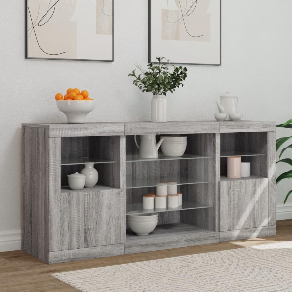 3209091 Credenza con Luci LED Grigio Sonoma 142,5x37x67 cm Credenza Moderna a Anta con Luci LED e Mensole in Vetro,Mobile Multiuso in Legno con Finitura Lucida