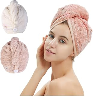 2 Pack Microfiber Hair Towel Wrap with Button - Quick Dry Anti-Frizz Turban, Super Absorbent Head Towel (Pink & Beige)