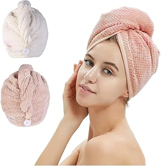 Hair Towel Wrap Drying Hair Towel with Buttons, Quick Magic Dryer, Dry Hair Hat, Wrapped Hair Cap (Pink)