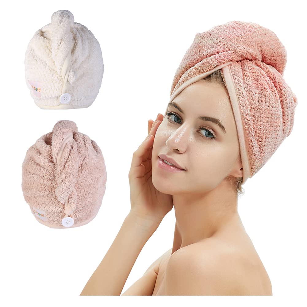 2 Pack Microfiber Hair Towel Wrap Hair Drying Towel with Button Hair Towel Turban Quick Dry Anti-frizz Absorbent