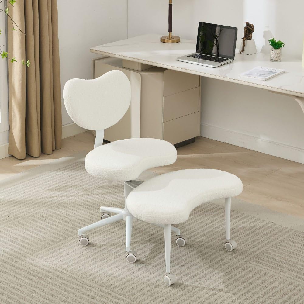 Cross Legged Chair, Meditation Chair with Wheels, ADHD Chair, Cross Desk Chair with Lumbar Support and Adjustable Stool, Flexible Design for Fidgety Sitters, Ivory