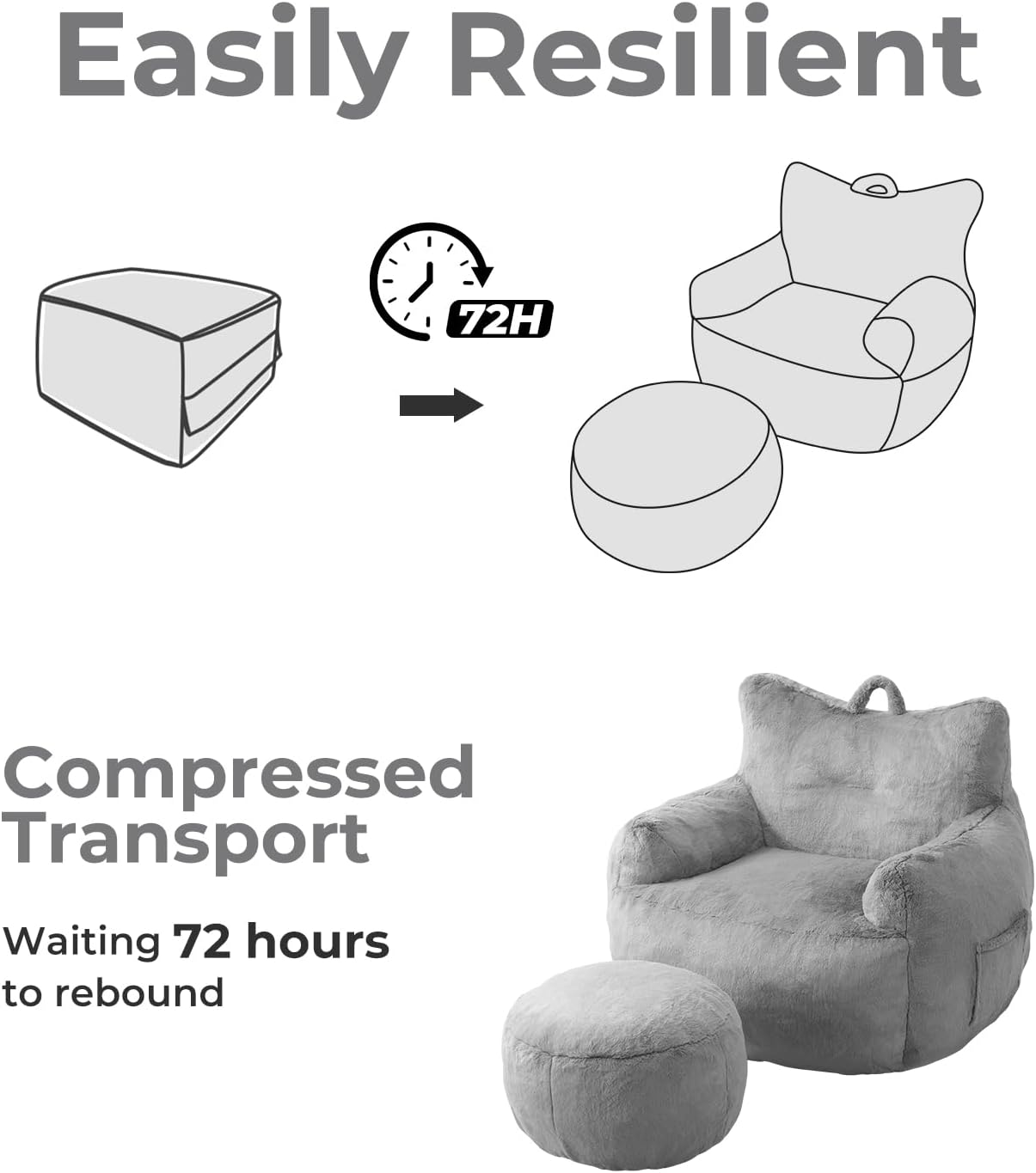 Giant Bean Bag Chair for Adults with Ottoman, Oversized Bean Bag with Filling Plush Fluffy,BeanBag Lazy Sofa Couch with Armrest for Bedroom, Stuffed Floor Sofa with Sidepocket for Living Room, Beige