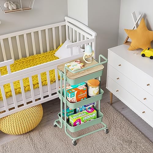 Image of DTK 3 Tier Rolling Utility Cart with Cover Top Board, Movable Kitchen Storage Cart Trolley with Lockable Wheels, Cups, Hooks for Kitchen Bathroom Home Office Art Craft Storage(Turquoise /Green)