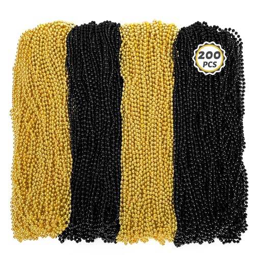 Huskein 200 PCS Beaded Necklace, 33" Mardi Gras Beads, Black Gold New Year Party Supplies, Mardi Gras Accessories, Bead Necklace Parade Favors Bulk for Festival Event Christmas Party Supplies by Huskein - Used condition - US$30.00
