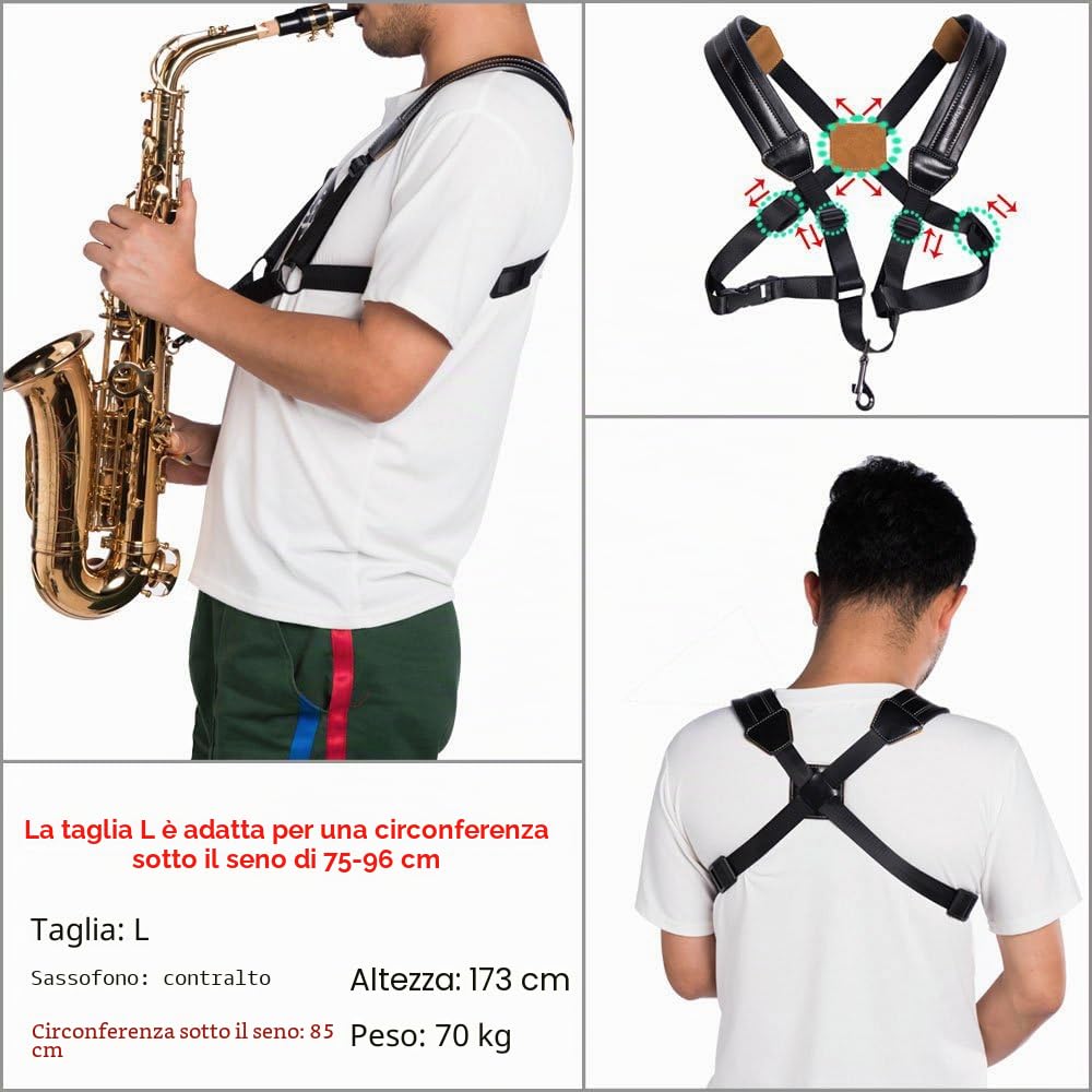 Rayzm Cinghia per sassofono, universale a doppia tracolla in pelle per Sassofono, tracolla imbottita regolabile per sassofono Alto Saxon Tenor Soprano (L)