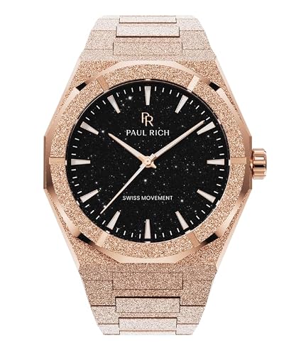 Image of Paul Rich Frosted Star Dust II Men’s Watch, 43 mm Stainless Steel, Luminous Hands, Swiss Quartz, Water Resistant, Rose Gold/Aventurine Black, 42 mm