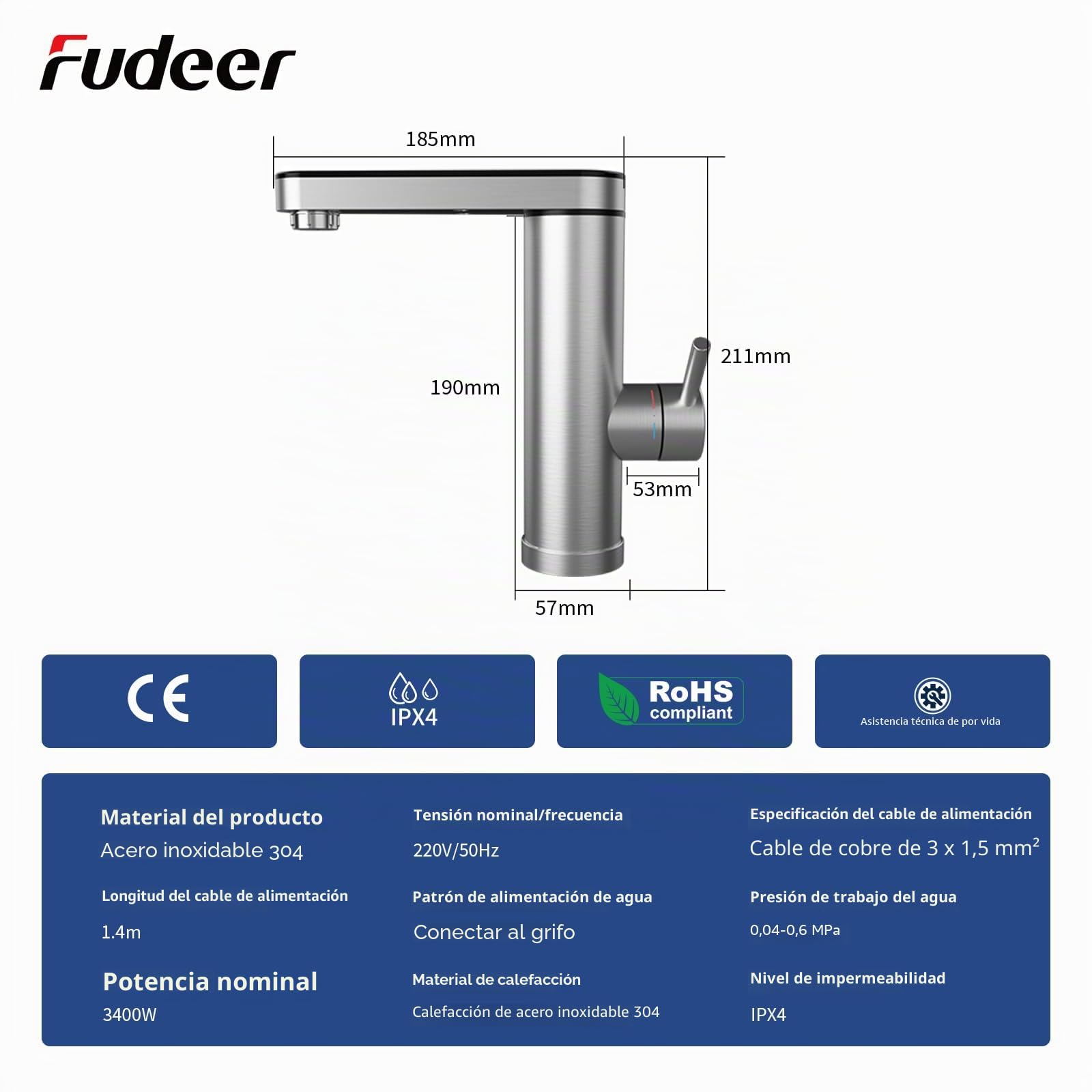 grifo con calentador de agua 230V, 3.3KW Grifo eléctrico para baño con pantalla digital (30-45℃), calentamiento rápido, salida giratoria de 120°, acero inoxidable 304 (plata)