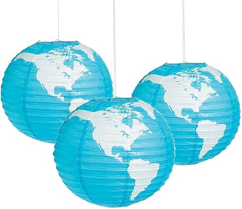 Fun Express Juego de 3 linternas de papel colgantes de globo terráqueo de 12 pulgadas, decoraciones de fiesta, globos y decoración divertida