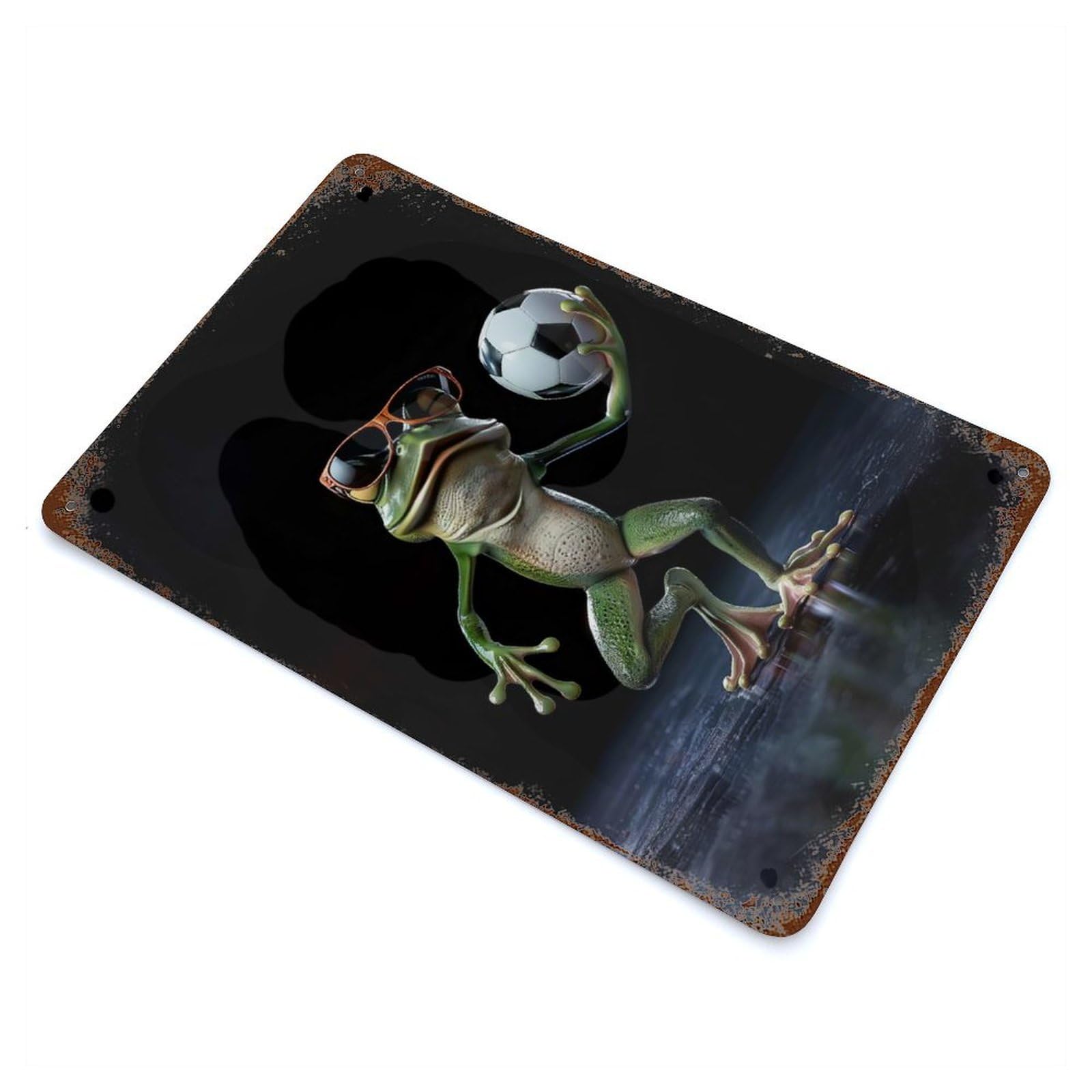 Decorative Tin Sign with Cool Frog with Soccer Ball Design 11.8"x7.9", for Garage, Bar And Workshop Decor, Farmhouse Wall Decor