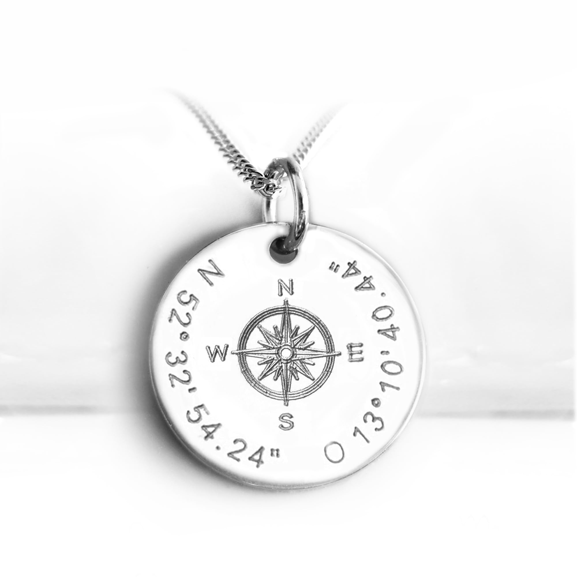 Kompass Anhänger Kette mit Koordinaten Gravur, 925 Silber | personalisierbar mit Wunschtext, Geschenk für Frauen und Männer