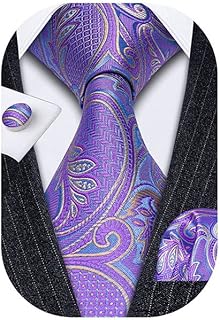 Barry.Wang Men Tie Set Paisley Solid Silk Necktie Pocket Square Cufflinks Extra Long Tie Formal Wedding