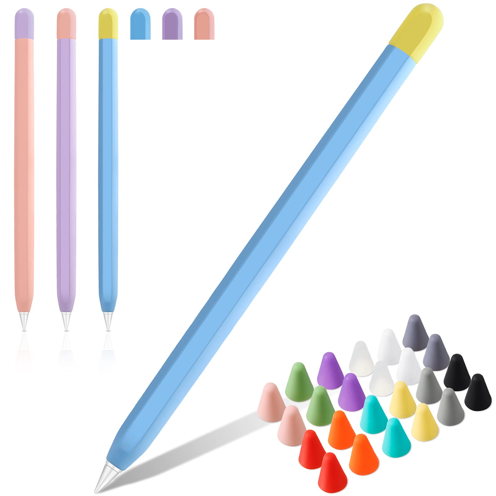 3 Pieces Silicone Pencil Cover 3 Colors Thin Pencil Case Sleeve Compatible with Apple Pencil 2nd Generation and 24 Pieces Silicone Nib Cover (Fresh Color)