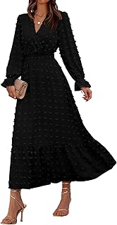 BTFBM Women Spring Maxi Dresses 2026 Long Sleeve V Neck Swiss Dots High Waisted