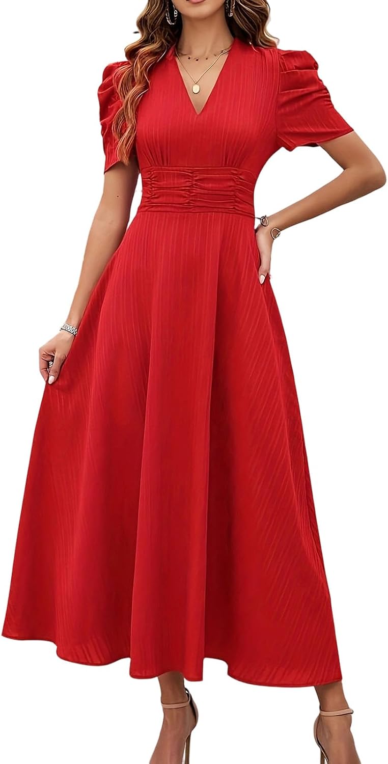 Womens Puff Sleeve Long Dress High Waist V Neck Smocked Maxi Dresses 2026 Summer Elegant Holiday Sundress