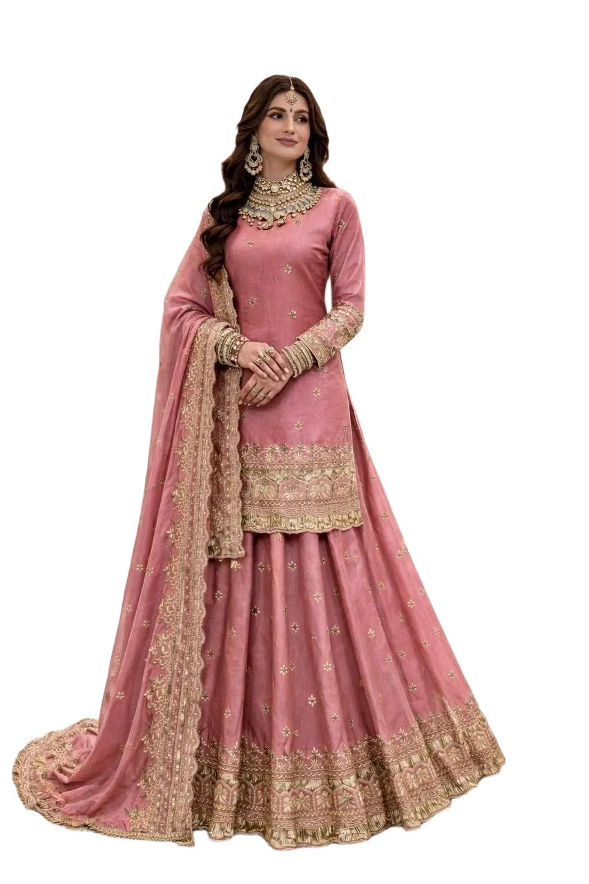 Women Embroidered Top Lehenga Dupatta Set, Two Tone Silk Ethnic Wear Set, Festive Wedding Traditional Outfit for Women-image-45