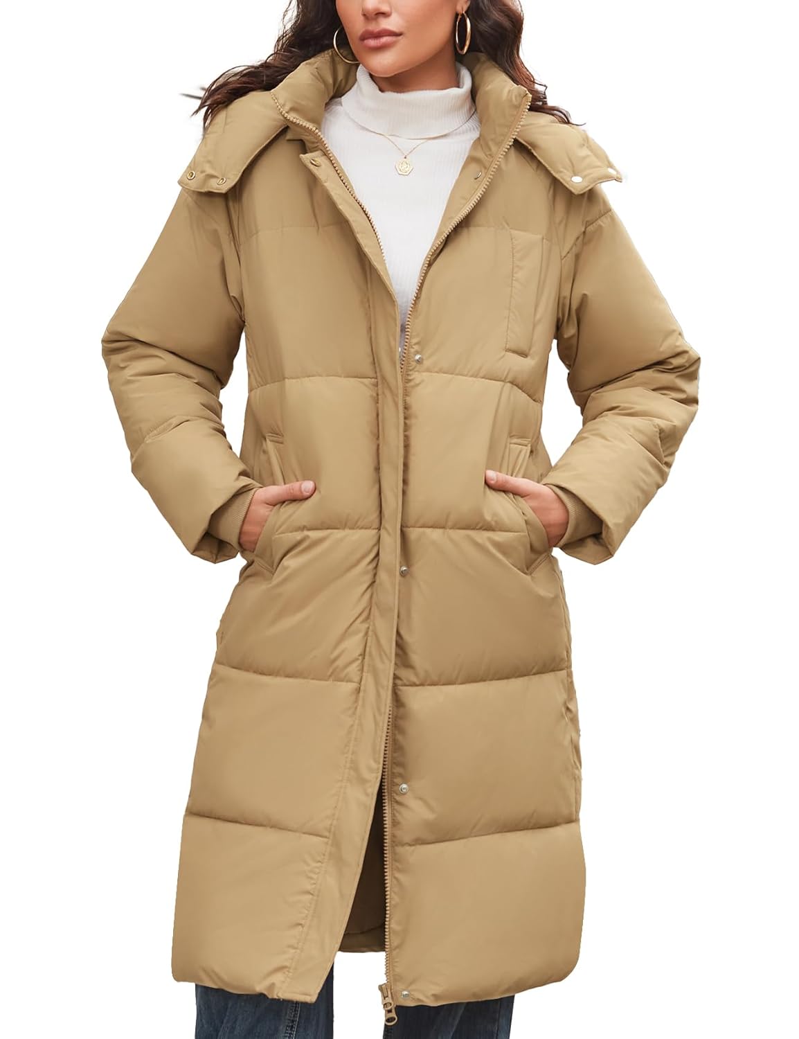 Flygo Long Winter Coats for Women Hooded Puffer Coat Jackets Thickened Midi Long Sleeve Zip Down Parka Outerwear