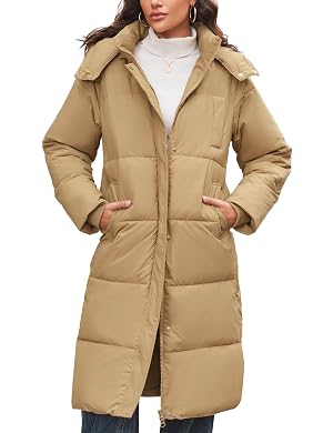 Flygo Long Winter Coats for Women Hooded Puffer Coat Jackets Thickened Midi Long Sleeve Zip Down Parka Outerwear
