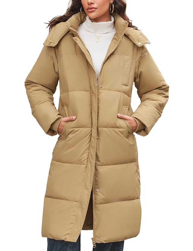 Flygo Long Winter Coats for Women Hooded Puffer Coat Jackets Thickened Midi Long Sleeve Zip Down Parka Outerwear