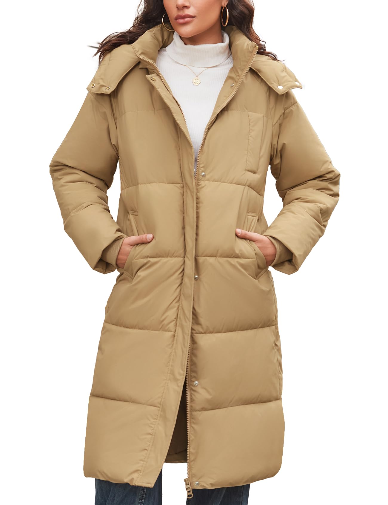 Flygo Long Winter Coats for Women Hooded Puffer Coat Jackets Thickened Midi Long Sleeve Zip Down Parka Outerwear