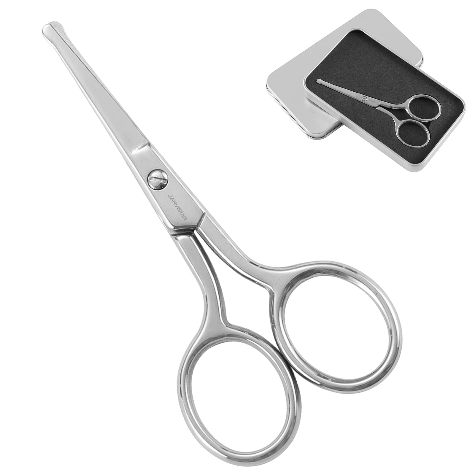 JARVISTAR Tijeras para el pelo de la nariz Tijeras para el pelo de las orejas Tijeras para la barba con punta recta redondeada de acero inoxidable de acero para la cara redondeada para hombres 93 mm