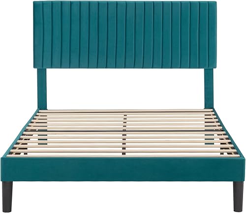 Miniatura 9 de Allewie Base de cama matrimonial, cama de plataforma tapizada de terciopelo con cabecera capitoné de canal vertical ajustable, base de colchón con