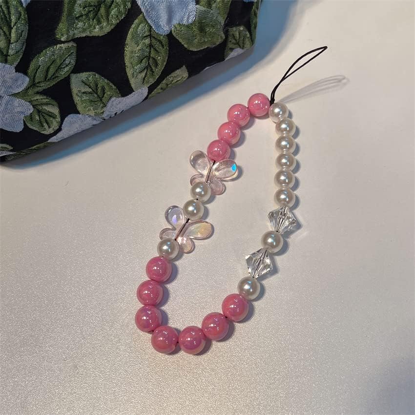 SYSUII Correa de cordón para teléfono celular, decoración de perlas de imitación de mariposa colorida para teléfono celular, cadena de cordón