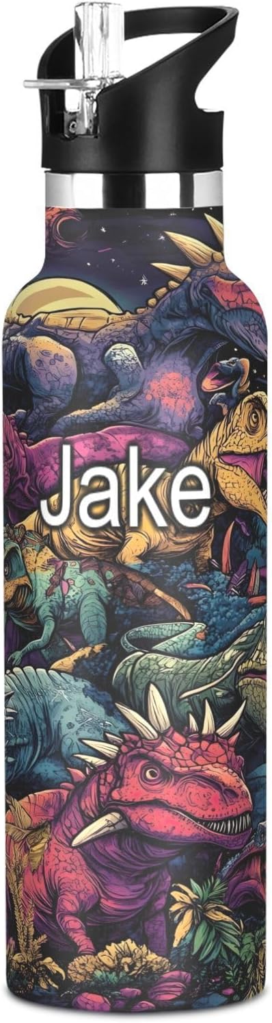 Botella de agua personalizada para niños, botella de agua personalizada de 20 onzas, aislada para niños y niñas, sin BPA, diseño de dinosaurios