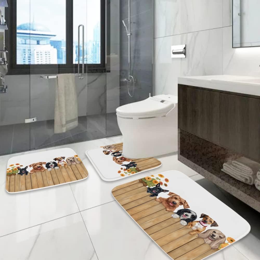 TheBlackSpot Cute Funny Dog Bathroom Rugs 20 x 31 Farmhouse Pet Behind Wooden Board Country Bath Mat 16 x 24 Sets 3 Piece Imitation Cashmere Anti Slip Mats U-Shaped Contour Shower Mat